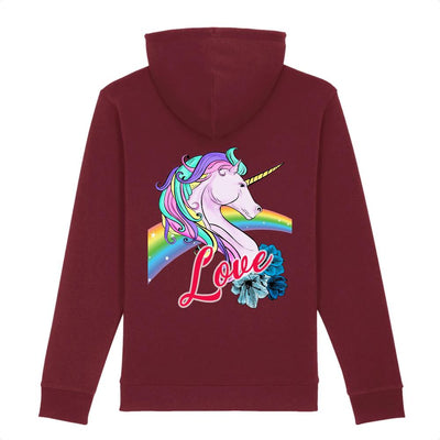 Hoodie licorne love femme bordeaux coton bio dos