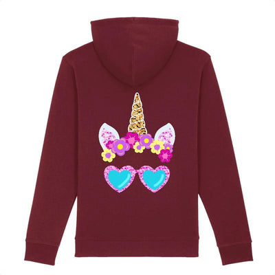 Hoodie licorne lunettes de soleil bordeaux dos coton bio 