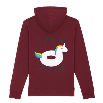 Hoodie licorne je peux pas piscine bordeaux coton bio