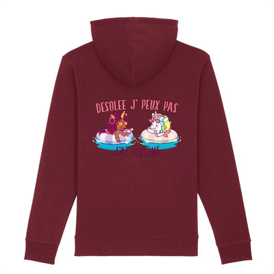 Hoodie licorne désolée j'ai piscine bordeaux coton bio dos