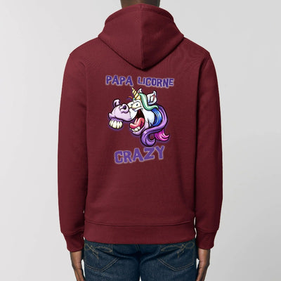 sweat hoodie papa licorne crazy bordeaux coton bio dos