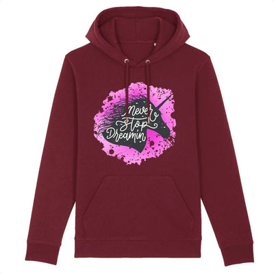 sweat licorne femme never stop dreaming bordeaux coton bio 