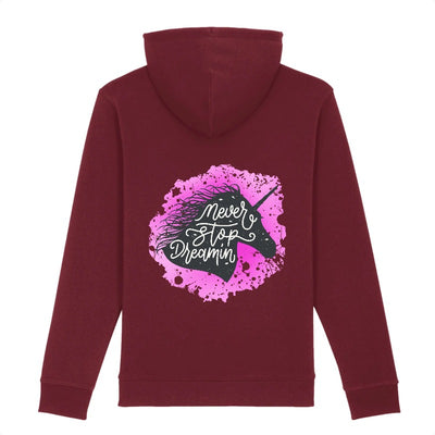sweat licorne never stop dreaming bordeaux coton bio 