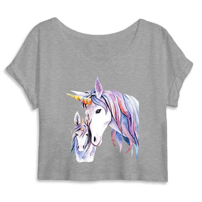 Crop-top licorne mère fille gris coton bio