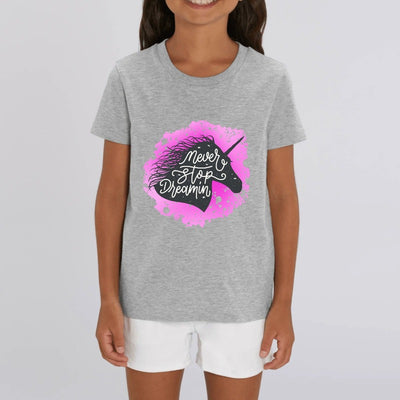 t-shirt licorne never stop dreaming gris coton bio