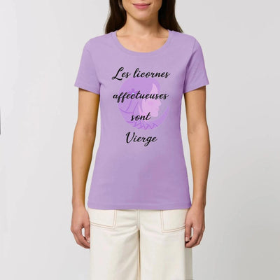 t-shirt licornes affectueuses vierge femme XS S M L XL lavande coton bio 