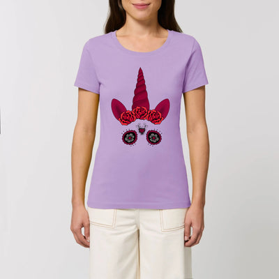 T-shirt Licorne Gothique crane mexicain lavande coton bio 