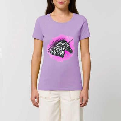 t-shirt licorne never stop dreaming lavande coton bio