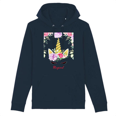 sweat hoodie licorne magical avec fleurs marine coton bio 