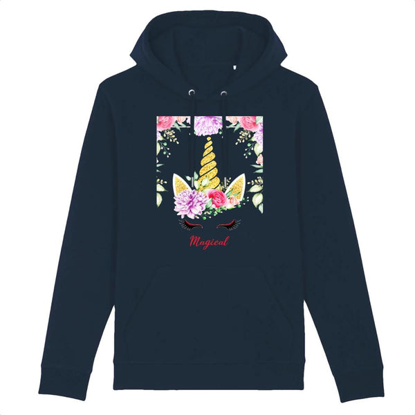 sweat hoodie licorne magical avec fleurs marine coton bio 