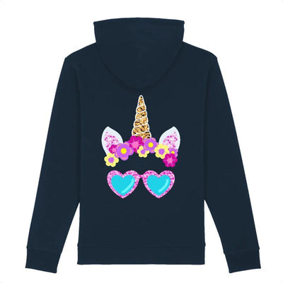 Hoodie licorne lunettes de soleil marine dos coton bio 