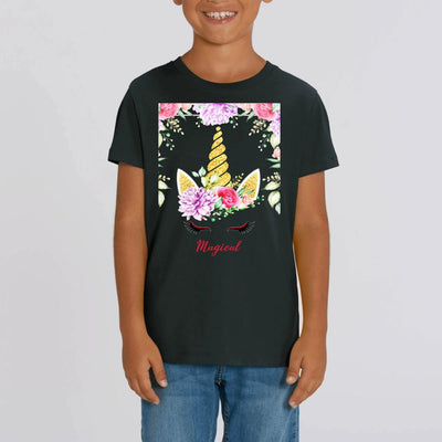 T-shirt Licorne Magical Décor Fleuri noir coton bio