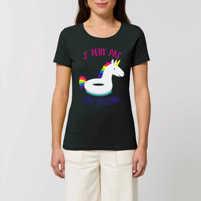 T-shirt licorne j'peux pas j'ai piscine noir coton bio 