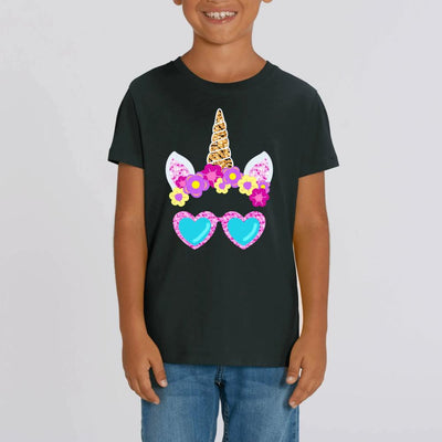 T-shirt licorne à lunettes enfant noir coton bio