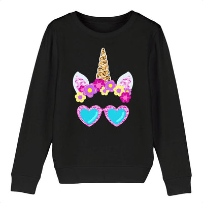 Sweat licorne à lunettes enfant noir coton bio