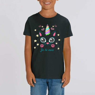 T-shirt licorne caticorn je te vois noir coton bio