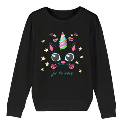 Sweat licorne caticorn je te vois noir coton bio 