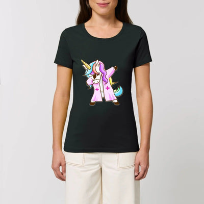 T-shirt licorne infirmière qui dab noir coton bio