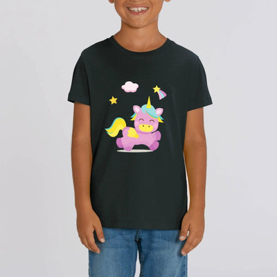 T-shirt Enfant noir Licorne fuchsia coton bio