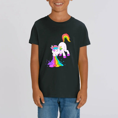 t-shirt licorne enfant noir qui vomit coton bio