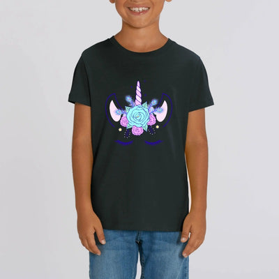 t-shirt licorne enfant noir plume de paon coton bio 