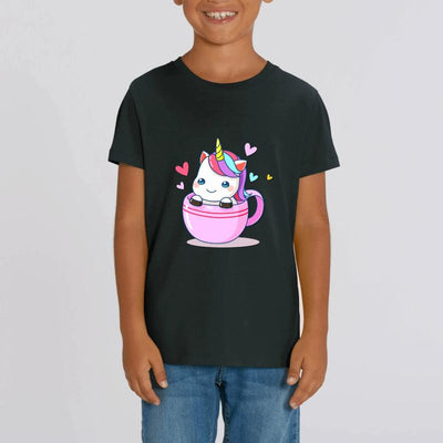 t-shirt licorne enfant noir tasse à café coton bio 