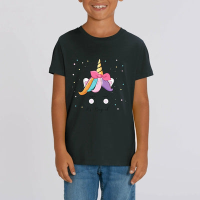 t-shirt licorne enfant noir it's magical coton bio