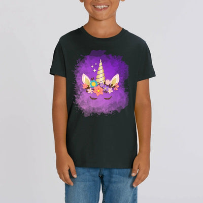 t-shirt licorne enfant noir couronne fleurie coton bio 