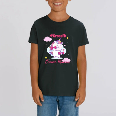 t-shirt licorne enfant noir j'aime le crossfit comme maman