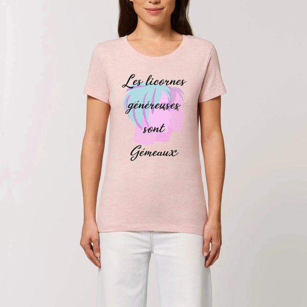 T-shirt licornes généreuses sont Gémeaux rose XS S M L XL coton bio 