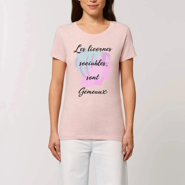 T-shirt licornes sociables sont Gémeaux rose coton bio