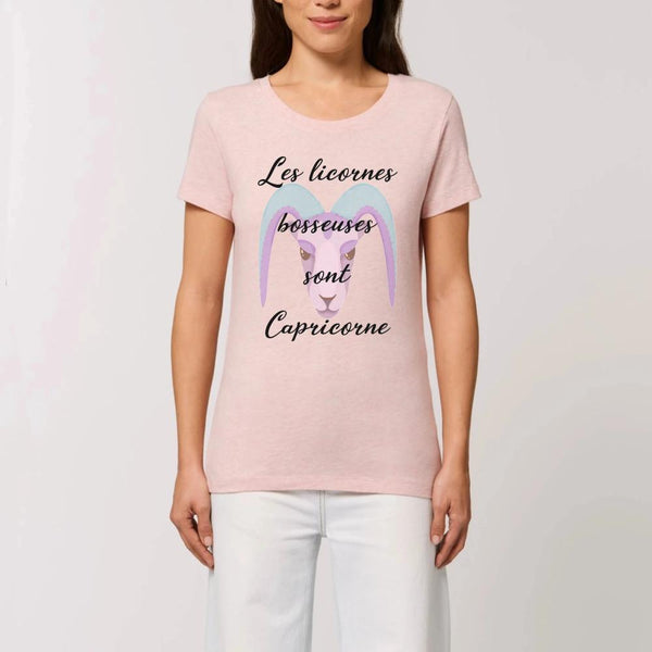 t-shirt licorne bosseuse capricorne XS S M L XL rose coton bio 