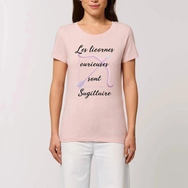 T-shirt licornes curieuses sont Sagittaire rose coton blanc 