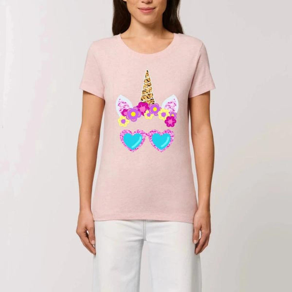 T-shirt licorne lunettes de soleil rose coton bio