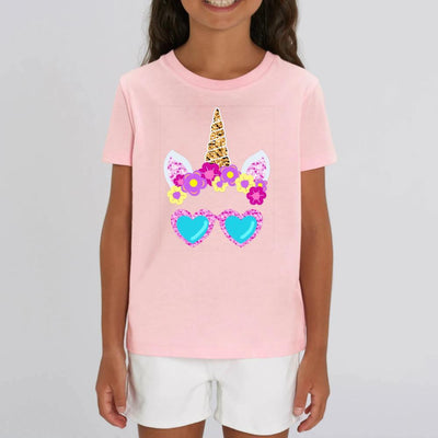 T-shirt licorne à lunettes enfant rose coton bio