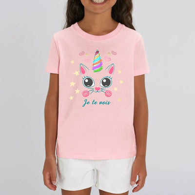 T-shirt licorne caticorn je te vois rose coton bio 