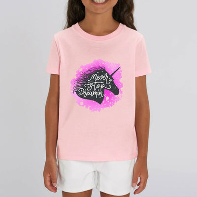 t-shirt licorne never stop dreaming rose coton bio