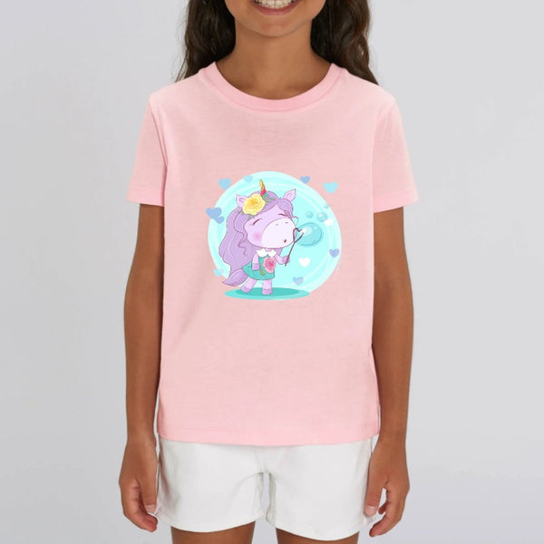 t-shirt licorne enfant rose bulles de savon coton bio