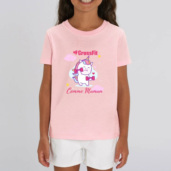 t-shirt licorne enfant rose j'aime le crossfit comme maman