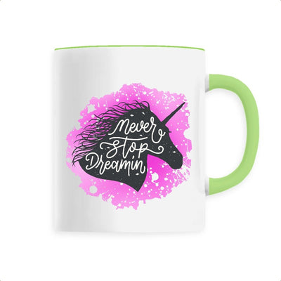 Mug licorne never stop dreaming vert