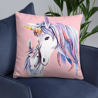coussin 55x55 licorne mère fille rose sur fauteuil