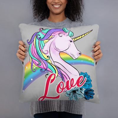 Coussin licorne love gris 45x45