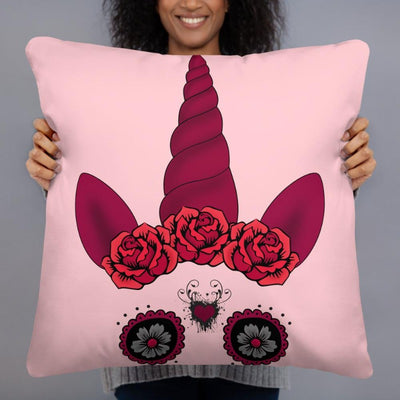 Coussin licorne gothique crâne mexicain rose 55x55