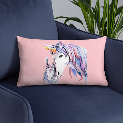 coussin 50x30 licorne mère fille rose sur fauteuil