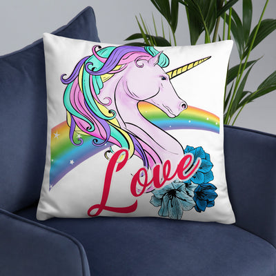 Coussin licorne love blanc sur fauteuil 55x55