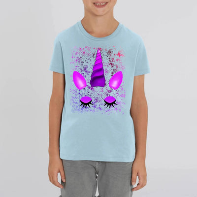 tee shirt licorne aux yeux fermés enfant bleu coton bio 
